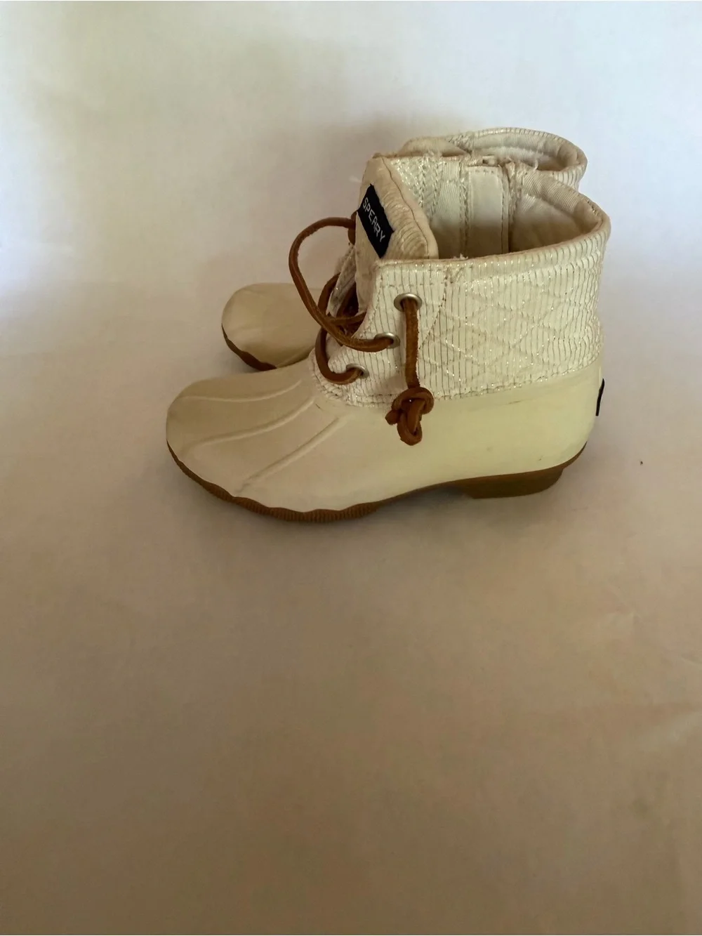 Sperry Kids Cream and Brown Lace Duck Boots